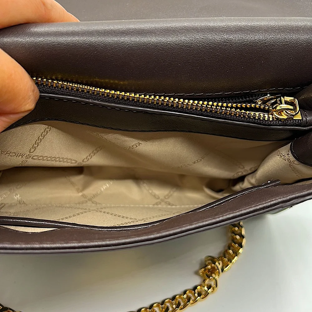 Michael Kors Authentic MK Logo Brown Leather Crossbody Purse Bag With Gold Chain - Picture 4 of 6